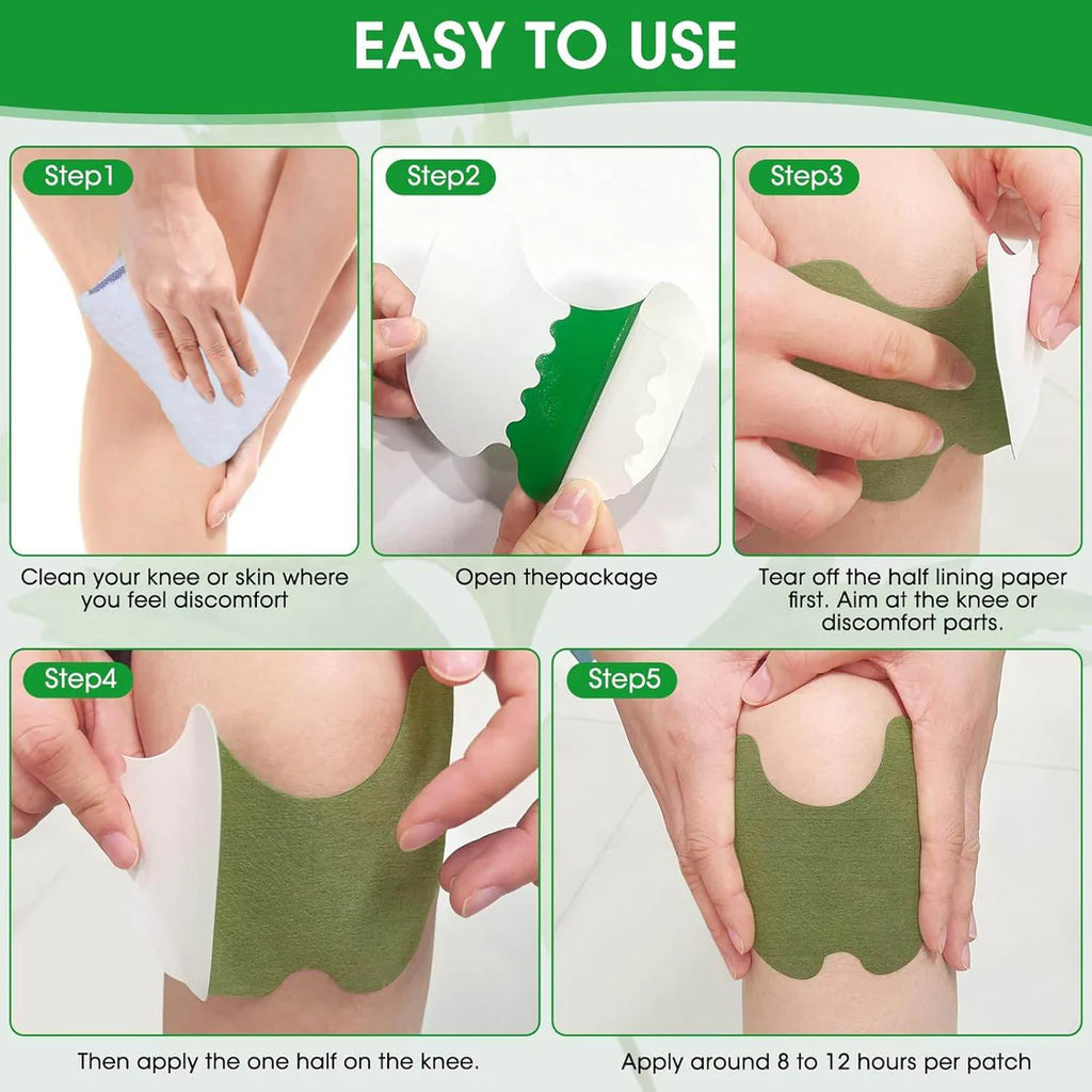 Step-by-step guide on applying a green knee patch with text indicating ease of use.