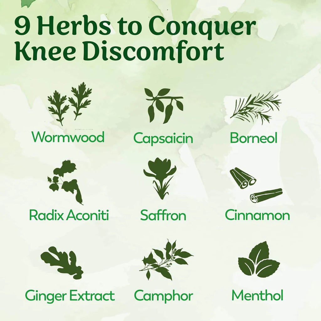 wormwood, capsaicin, borneol, radix aconiti, saffron, cinnamon, ginger extract, camphor, menthol etc all 9 herbs to conquer knee discomfort 